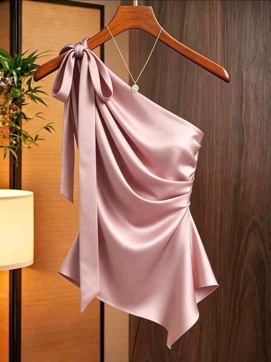 SHEIN Tops - Franclia Satin Shoulder Bow Decor Asymmetrical Ruched Fitted Top